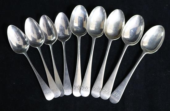 Nine assorted Georgian and Victorian silver teaspoons.